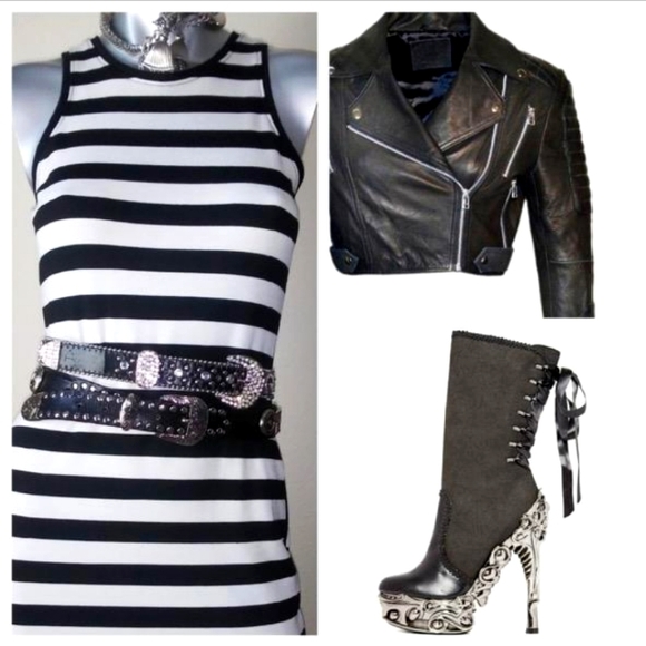 "Rachel Roy" Black/White Pop of Red Fitted Cocktail Party Midi Sleeveless Dress - Picture 8 of 9